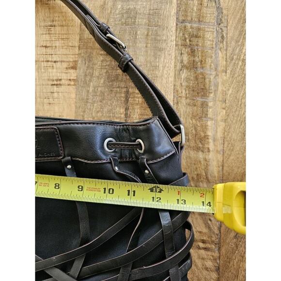 Etienne Aigner Black Vegan Leather Basket Weave Drawstring Hobo Bag Moto - Picture 10 of 11